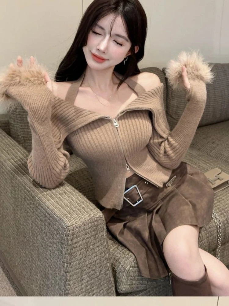 2023 Winter French Elegant 2 Piece Skirt Set Woman Korean Fashion Suit Casual Knitting Blouse + High Waist Y2k Mini Skirt Chic