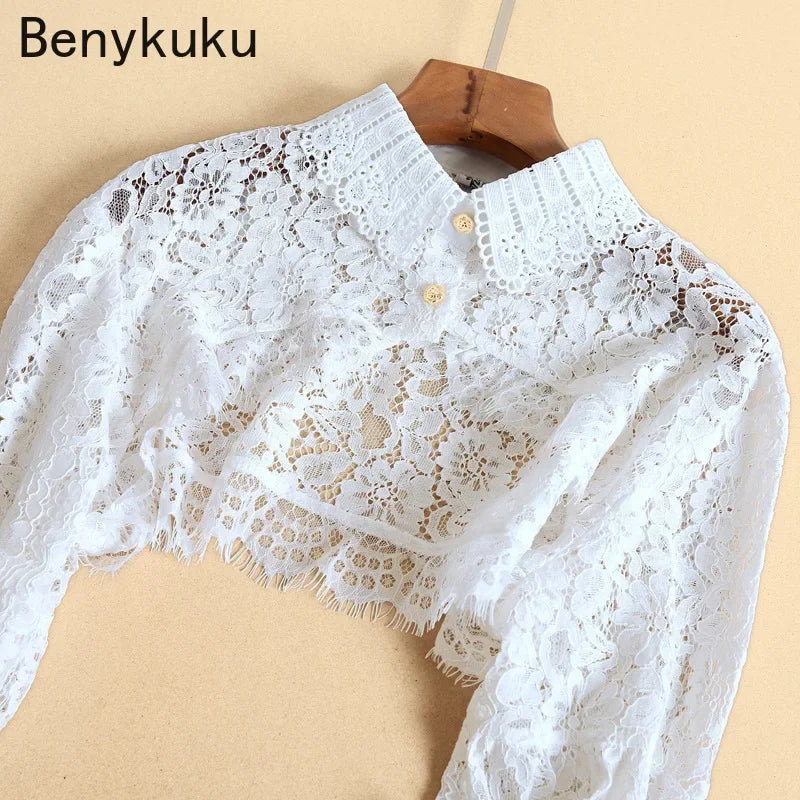 Tunrn Down Collar Long Sleeve Hollow Out Lace Crop Tops Women Elegant Fashion Sheer Shrug 2024 Basic Party Top Coat  Bolero