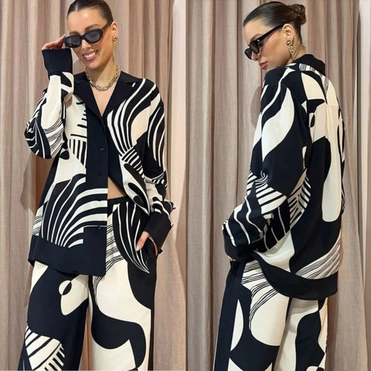 2023 Autumn Print Clothes For Women 2 Piece Set Casual Turn Down Collar Blouse Shirt and Wide Leg Pant Suits Outfits Femme