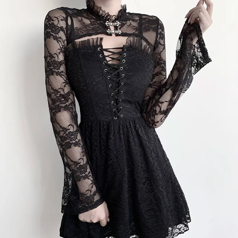 InsGoth Lace Smocks Long Sleeve Y2K Sexy Gothic Street Halloween Black Overall Coguette Chic Button Crop Matching Party Cover Up