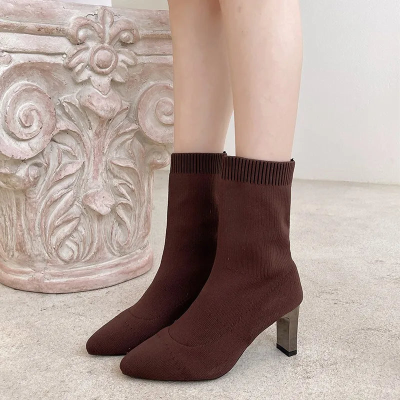 2022 New Winter Women's Shoes Knitted Mid-calf Socks Boots Pointed Toe Stiletto Elastic Designer Women's Boots 35-40