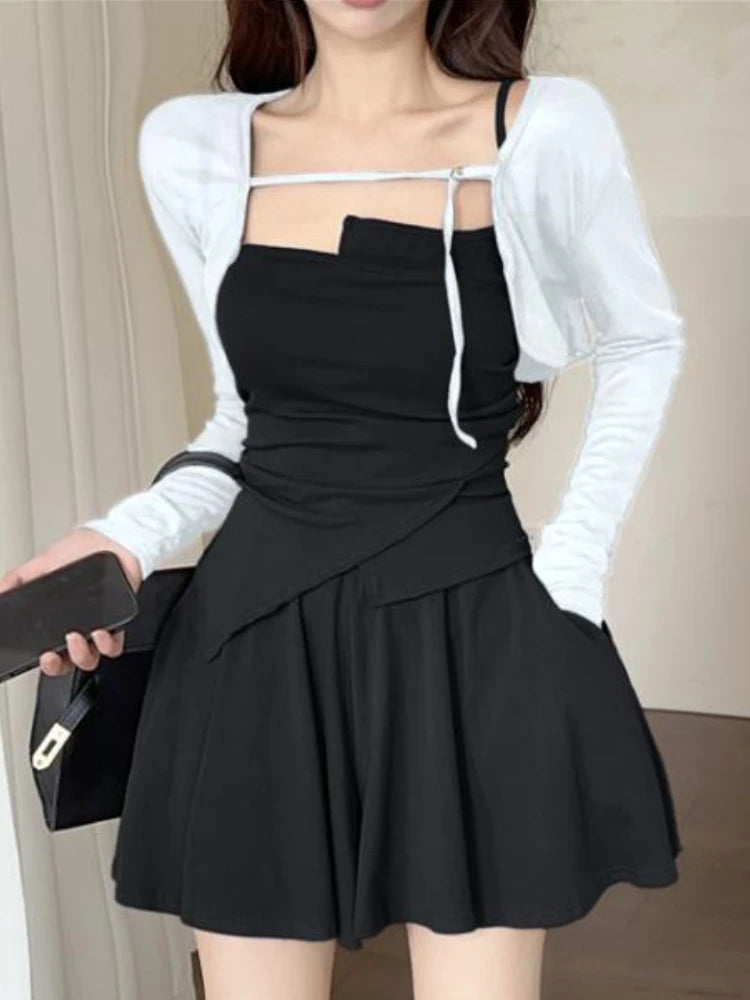 Fashion Sexy 3 Piece Set Women Elegant Sweet Design New Y2K Suit Female Long Sleeve Cardigan+ Strap Tops + Fold Skirt Summer New