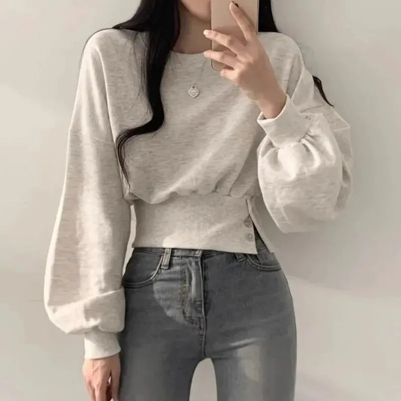 Korean Spring Chic Solid Hoodies Women Casual O-neck Long Sleeve Pullover Y2k Tops 2024 New Slim Fit Button Simple Ropa Mujer