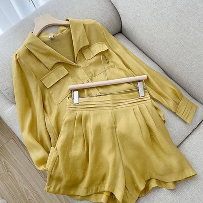 Spring Summer Solid Color Short Set Women Simple Casual Style Long Sleeve Shirts Shorts Two Piece Sets Temperament Lady Clothing