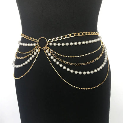 2023 New Fashion Multi-layer Metal Chain Waist Chain Female Imitation Pearl Body Chain 8289