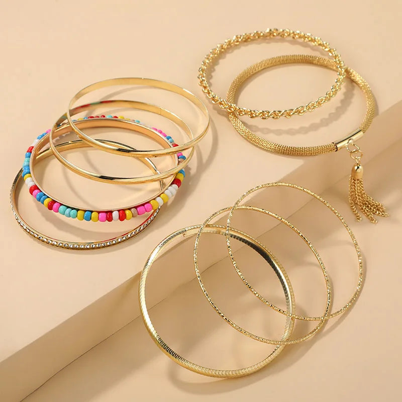 9 Pieces Metal Bangles Set For Women Heavy Punk New Style Bohemia Multi Colors Glass Beads Textured Fashion Jewelry Gift 2023426