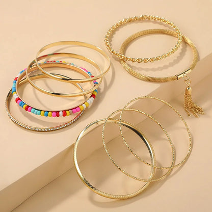 9 Pieces Metal Bangles Set For Women Heavy Punk New Style Bohemia Multi Colors Glass Beads Textured Fashion Jewelry Gift 2023426