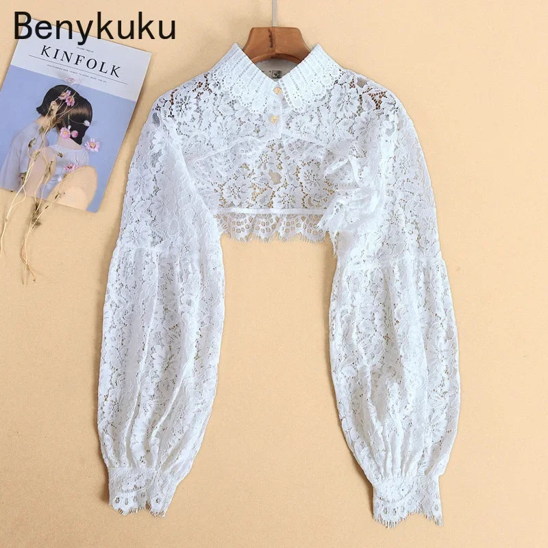 Tunrn Down Collar Long Sleeve Hollow Out Lace Crop Tops Women Elegant Fashion Sheer Shrug 2024 Basic Party Top Coat  Bolero