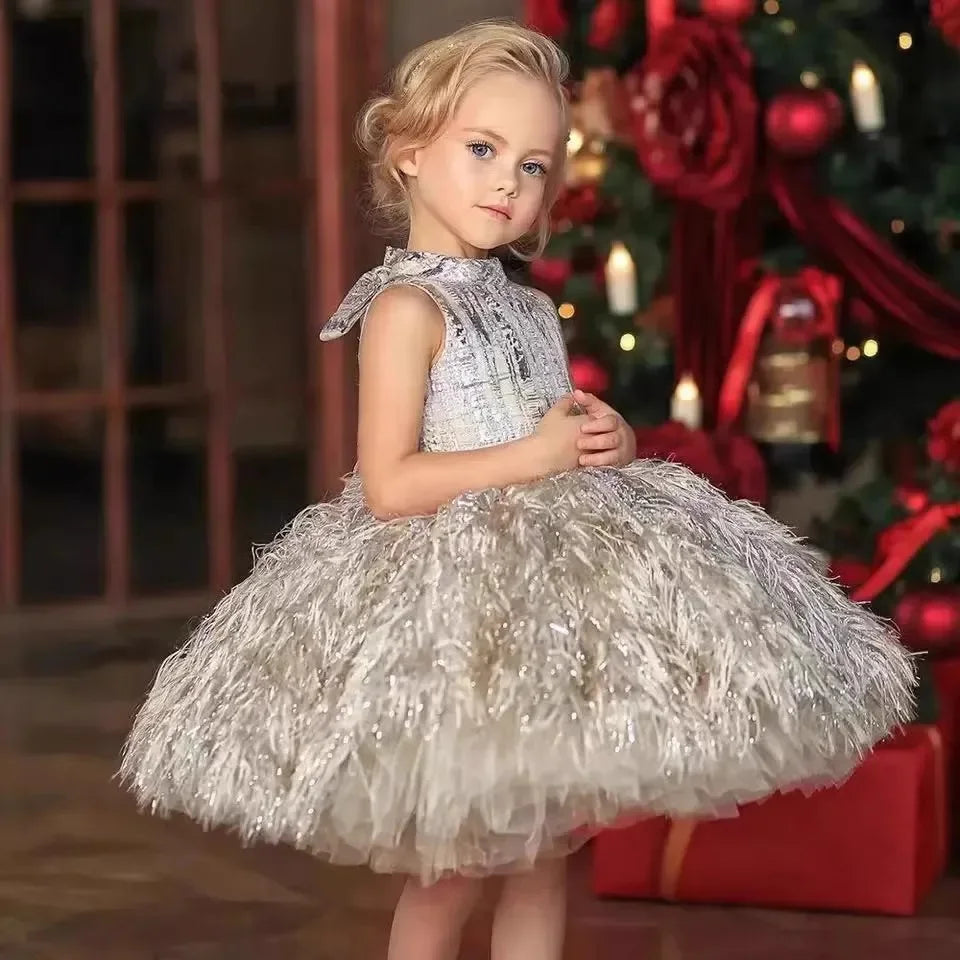 Luxury Elegant Girls Princess Ball Gown Children Fashion Sequined Feather Design Sleeveless Birthday Party Wedding Evening Dress