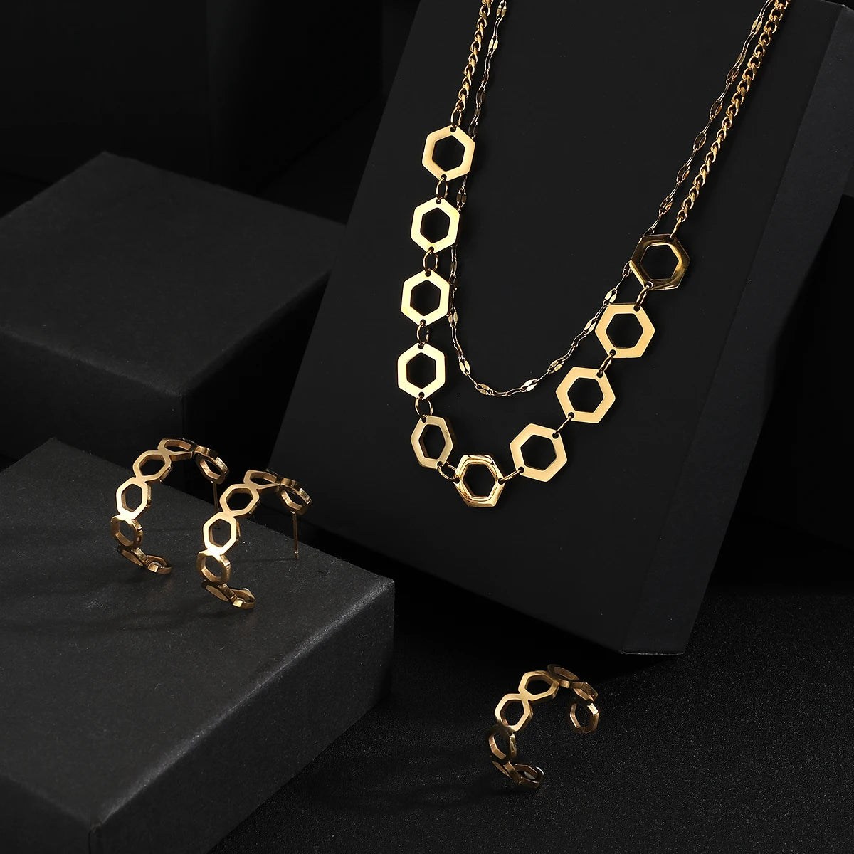 Fine Jewelry Set Stainless steel double layer clavicle chain Necklace+Earrings + Ring Gold Jewelry Sets For Women  Charm Jewelry