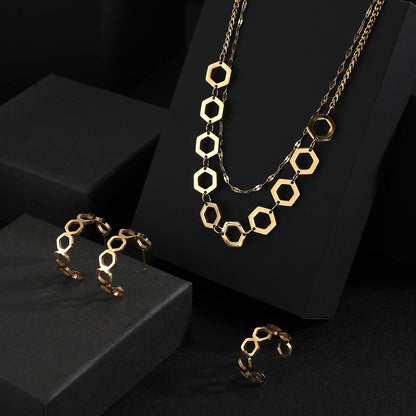 Fine Jewelry Set Stainless steel double layer clavicle chain Necklace+Earrings + Ring Gold Jewelry Sets For Women  Charm Jewelry