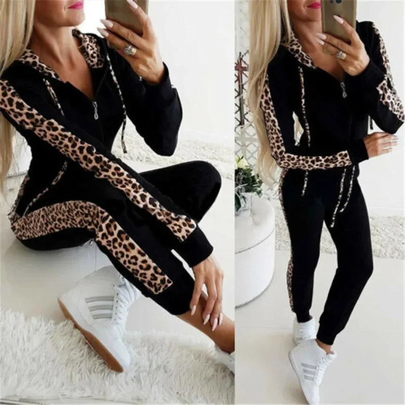 2024 Autumn Women Women Sets Ladies Sports Jogging SuitsTracksuits Set Leopard Print Hoodies Sweatshirt Crop Tops Long Pants