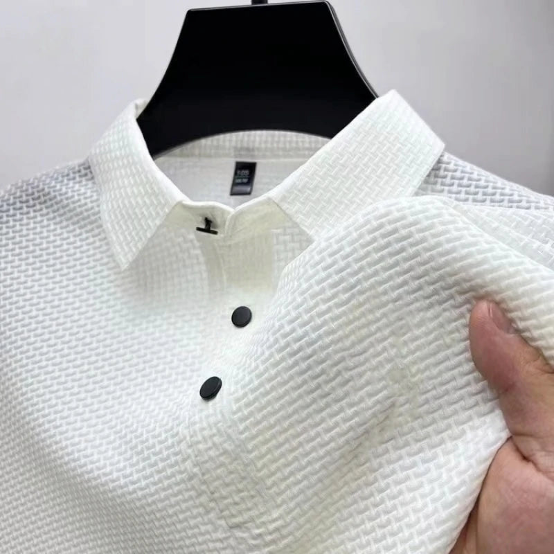 High End Embroidered Silk Knitted Hollow Polo Shirt for Men's Summer Korean Fashion Business Casual Breathable Short Sleeved Top