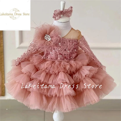 Flower Girl Dresses Cute Pink Glitter Sequined Shiny Puffy Organza With Bow Fit Wedding Party Princess Ball Gowns