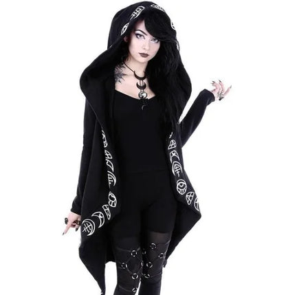 Women's Fashion Gothic Punk Moon Print Hoodie Girls Ladies Jacket Coat Cardigans Halloween Gothic Punk Black Costume S-5XL