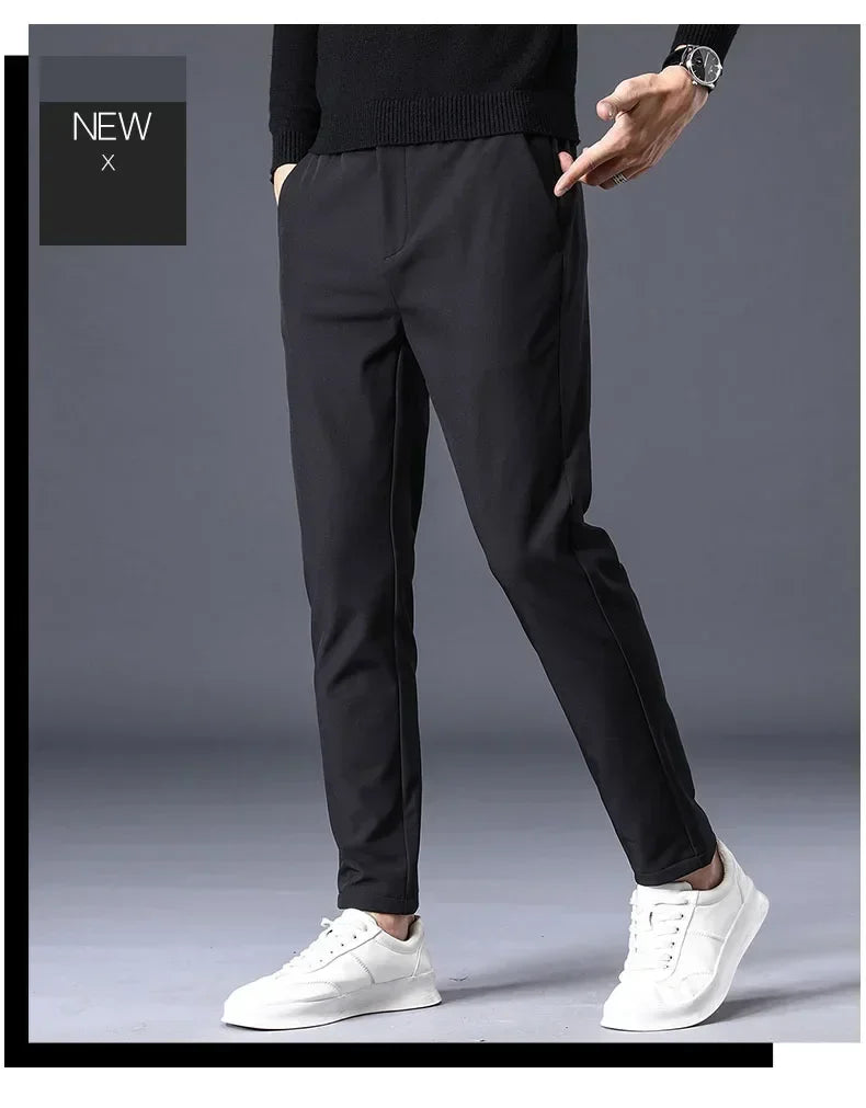 Spring Summer Thin Men's Business Casual Pants High Elastic Jogger Slim Straight Korean Brand Trousers Clothes Black Gray Blue