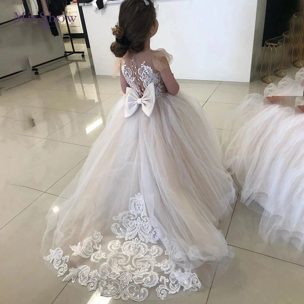 MisShow Flower Girl Dresses With Bow Lace Tulle Birthday Princess Ball Gown Sleeveless Kids First Communion Gowns for Wedding