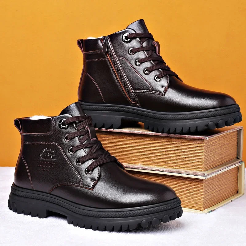 2024 Winter New Genuine Leather Men's Boots Natural Fur Warm Ankle Boots Working Men Footwear Waterproof Snow Boots  Rubber