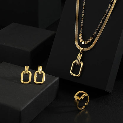 Fine Jewelry Set Stainless steel double layer clavicle chain Necklace+Earrings + Ring Gold Jewelry Sets For Women  Charm Jewelry