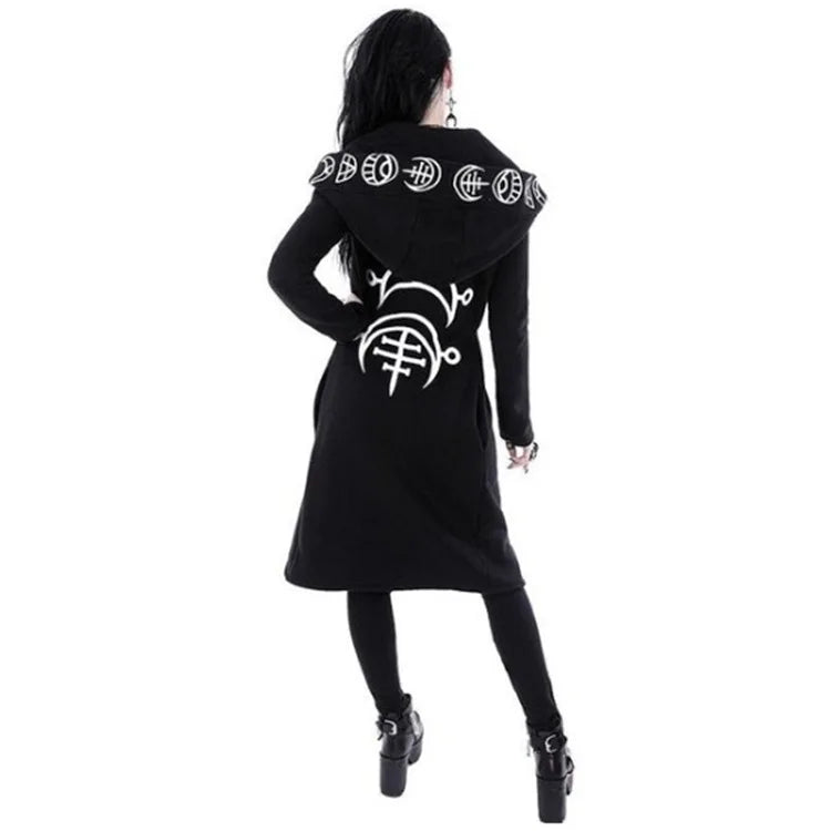 Women's Fashion Gothic Punk Moon Print Hoodie Girls Ladies Jacket Coat Cardigans Halloween Gothic Punk Black Costume S-5XL