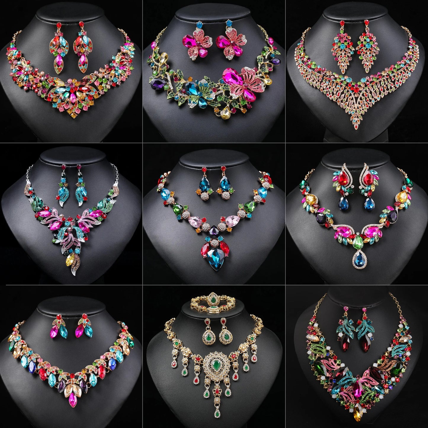 Gorgeous Colorful Crystal Rhinestone Lucky Necklace Earring Set Wedding Party Costume Jewellery NewStyle Trendy design Girl Gift