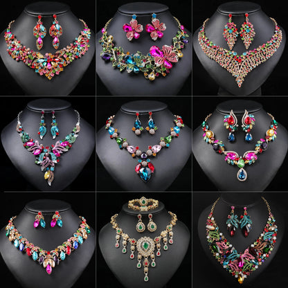 Gorgeous Colorful Crystal Rhinestone Lucky Necklace Earring Set Wedding Party Costume Jewellery NewStyle Trendy design Girl Gift