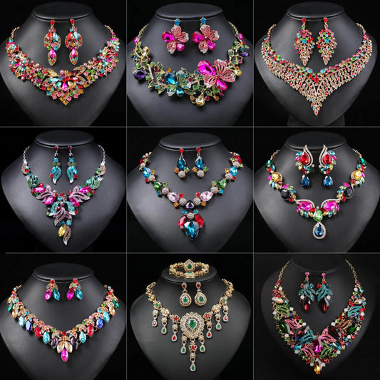 Gorgeous Colorful Crystal Rhinestone Lucky Necklace Earring Set Wedding Party Costume Jewellery NewStyle Trendy design Girl Gift