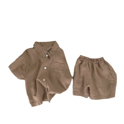 Boys And Girls Lapel Short Sleeve Top Shorts Casual Two-piece Suit