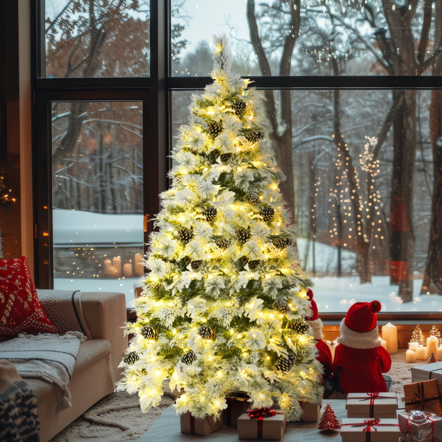 6 Feet Of Spruce Snow Covered Christmas Tree With Pre-installed Lights