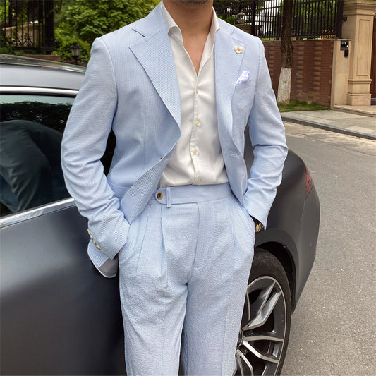 Thin Seersucker Suit For Men In Blue Stripes