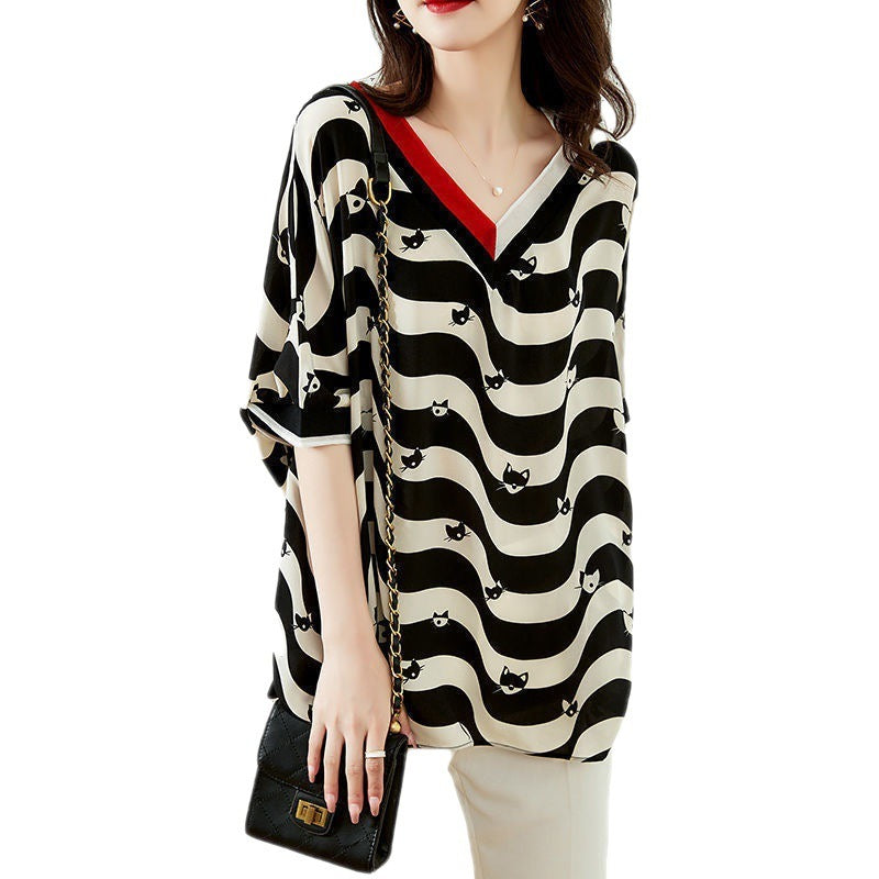 Striped Half Sleeve New Chiffon Shirt Women