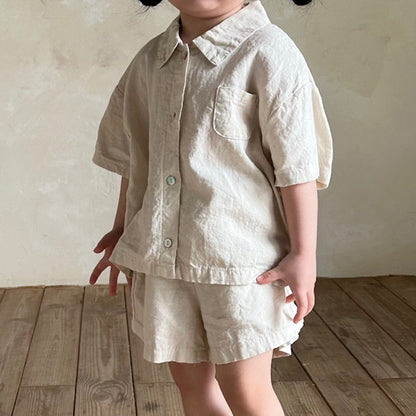 Boys And Girls Lapel Short Sleeve Top Shorts Casual Two-piece Suit