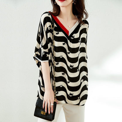 Striped Half Sleeve New Chiffon Shirt Women